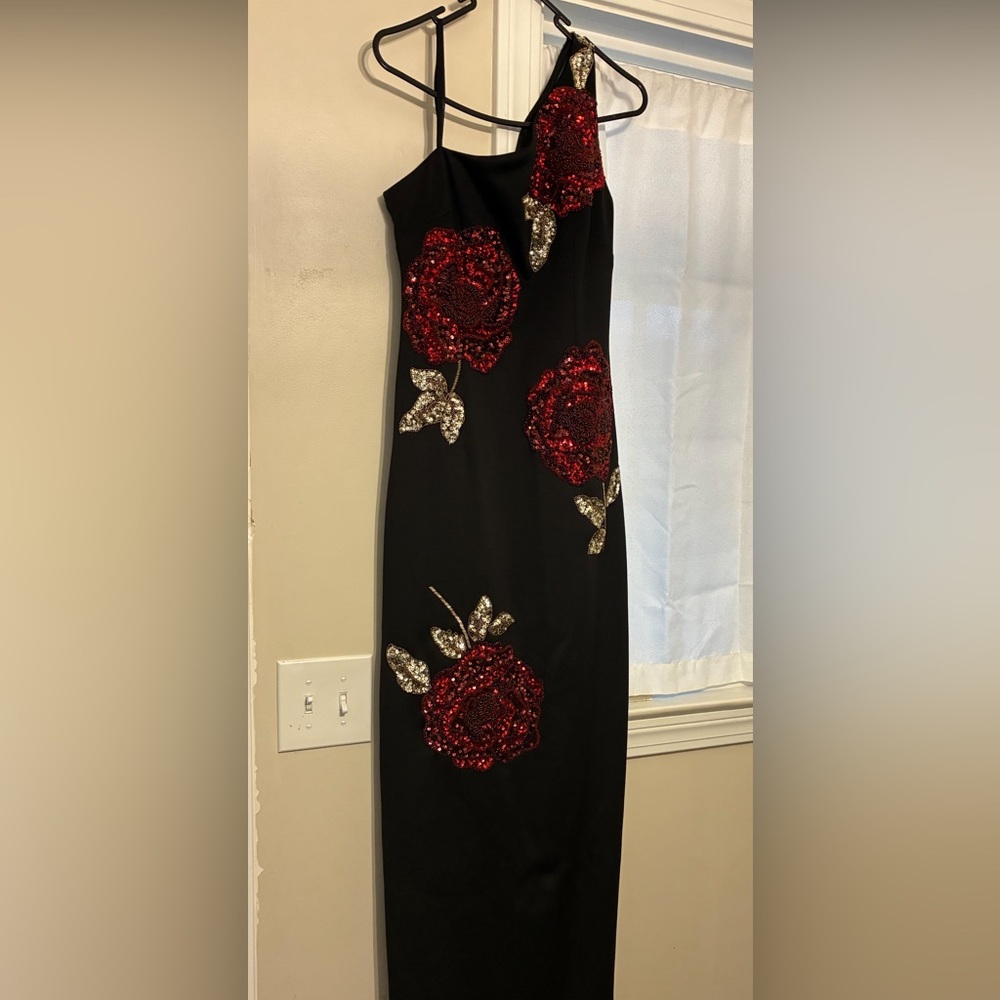 Adrianna Papell Black One shoulder Dress with Red Sequin Floral Design